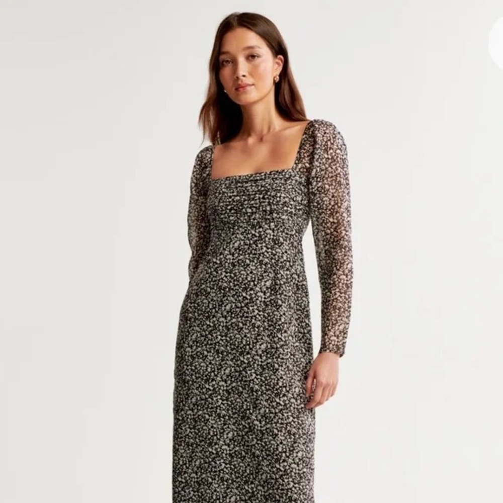Abercrombie & Fitch Black Floral Long Sleeve Square Neck Dress